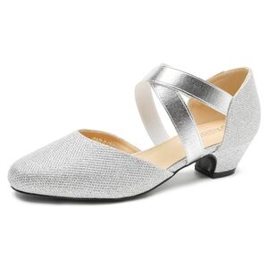 Low Chunky Heel Pumps Elastic Crisscross Strap, Pull On Silver Dance Shoes, 10.5